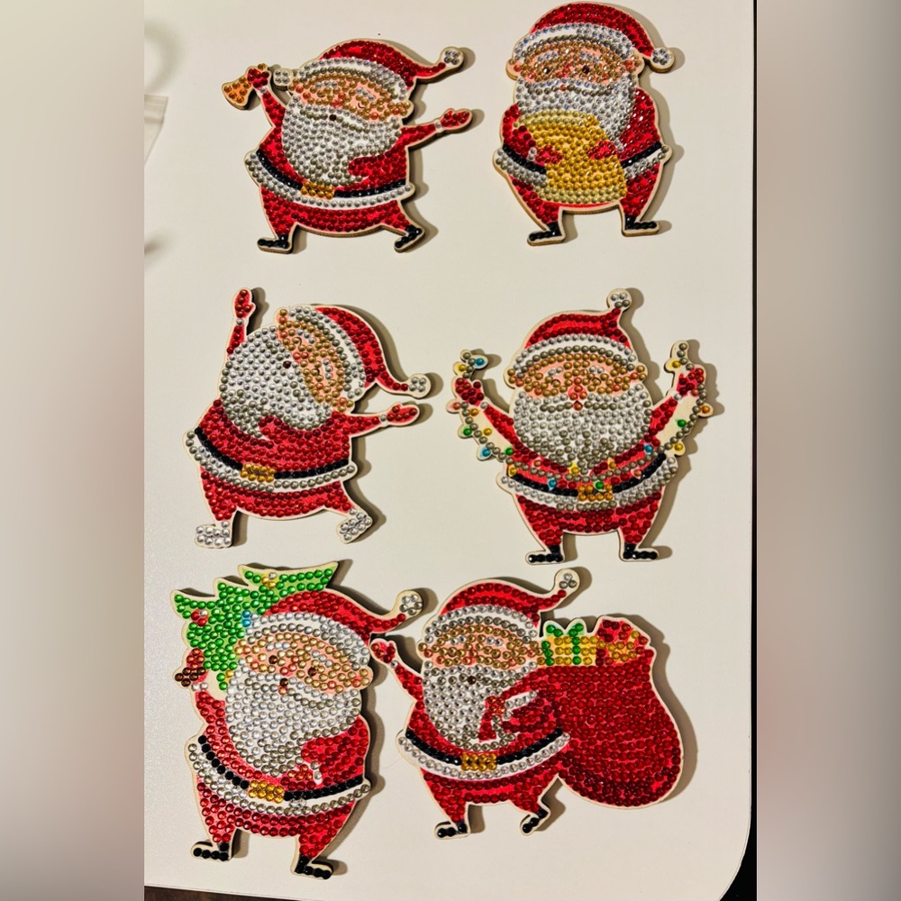 Coaster Set of Six Festive Santa with Holder Hand Crafted and Sealed